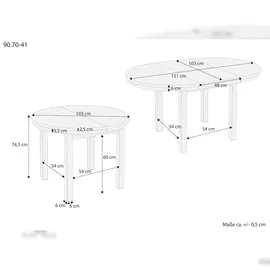 Erst-Holz Runder Tisch Küchentisch Esstisch ausziehbar 103x103x75 Kiefer massiv 90.70-41