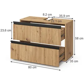 Vicco Waschbeckenunterschrank Torren 2 Schubladen 80 x 58 x 35 cm Braun