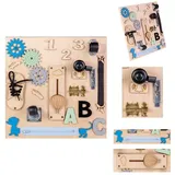 Moni Lernboard Lerntafel klein aus Holz, Zahnräder, Selbstverschluss, Drehrollen blau