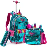 Rucksack Mädchen Schulranzen Trolley Schulrucksack Mädchen Teenager 3PCS Kinder Schultrolley Geeignet für Schule und Reise Essensbeutel und Federmäppchen Grüner Dinosaurier-Trolley-Rucksack für Jungen