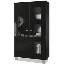 Vladon Vitrine, Schwarz Hochglanz, Holzwerkstoff, 71x129x35 cm, Wohnzimmer, Wohnwände, Vitrinenschränke
