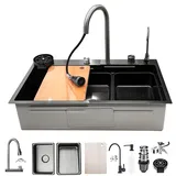 KOOGIDDR 85×45cm Edelstahlspüle Schwarzgrau Küchenspüle rechteckig wasserfall spülbecken 1 Becken spüle Einbau von Oben mit armatur set, küchenwaschbecken komplettset mit Gläserwascher