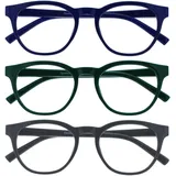 OPULIZE BLU Blaulichtfilter Lesebrille für Damen Herren, Blendfreie UV400-Schutz Federscharnier Anti-Müdigkeit, Runder Rahmen, Computerbrillen Gaming, 3er-Pack Blau Grün Grau +1,00