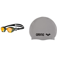 ARENA Unisex – Erwachsene Cobra Tri Swipe Brillen, Yellow Copper-Army, One Size & ARENA Unisex – Erwachsene Classic Silicone Badekappe, Silver-Black (51), NS