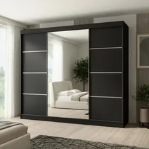 beautysofa Schiebtürenschrank PACO 250 cm - Kleiderschrank inkl. 3 Schiebtüren Schrank mit Spiegel & Kleiderstange, Farbe: Schwarz - Schwarz