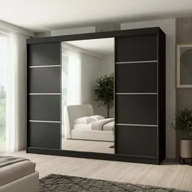 beautysofa Schiebtürenschrank PACO 250 cm - Kleiderschrank inkl. 3 Schiebtüren Schrank mit Spiegel & Kleiderstange, Farbe: Schwarz - Schwarz