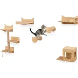 GOPLUS Kletterwand Katzen, 5 PCS Katzen Wandpark mit 2 Kratzpfosten, 3-stöckigem Katzenturm, Futterregal & 2 Schüsseln, Katzentreppe für Schlafen - Naturbelassen