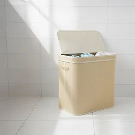 Relaxdays Wäschekorb mit Deckel, 130 l, 2 Innenfächer, HxBxT: 61 x 58 x 39 cm, Badezimmer Wäschetruhe, Natur