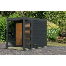 Karibu Saunahaus Ares 1 - Hybridhaus mit Metallrahmen - 38 mm Holz-Ausführung: anthrazit Blech-Ausführung: anthrazit Ohne Ofen
