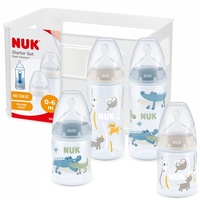 NUK 5tlg. Babyflaschen-Set First Choice+ Starter | 0–6 Monate | 4 Flaschen mit Temperature Control & Flaschenbox Anti Kolic