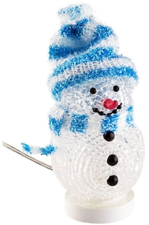 Der dekorative LED USB Schneemann mit dem blauen Schal und der blauen Mütze