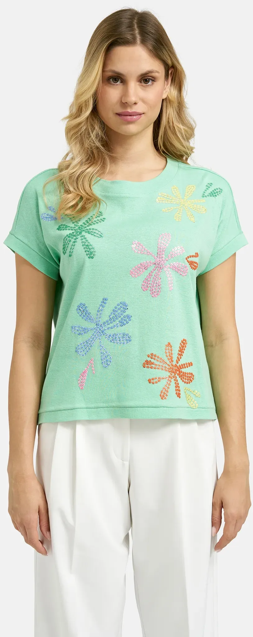 Rundhalsshirt MILANO ITALY, Damen, Gr. L, bunt (mint), Single Jersey, Material: 80% Baumwolle, 20% Leinen, bedruckt, regular fit normal, Rundhals, angeschnitten, Shirts Rundhalsshirt, mit überschnittener Schulter