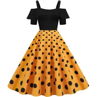 50er Rockabilly Petticoat Kleid Damen Hepburn Tupfen Druck Abendkleid Kurzarm Ballkleid mit Schulterfrei Rüschensaum Sling Cocktailkleid Swing Partykleid A-Linie Abiballkleid - XL