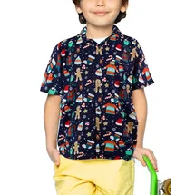 King Kameha Funky Hawaiihemd Kids Kinder Jungs, Kurzarm, X-Mas Weihnachten, Christmas Gingerbread, Blau, 8 - 8 Jahre