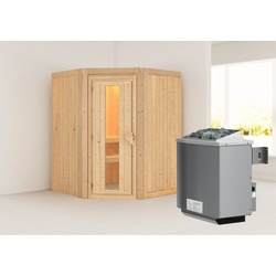 KARIBU Sauna Larin ohne Zierkranz und Beleuchtung am Dach Ofen 9 kW integr. Strg