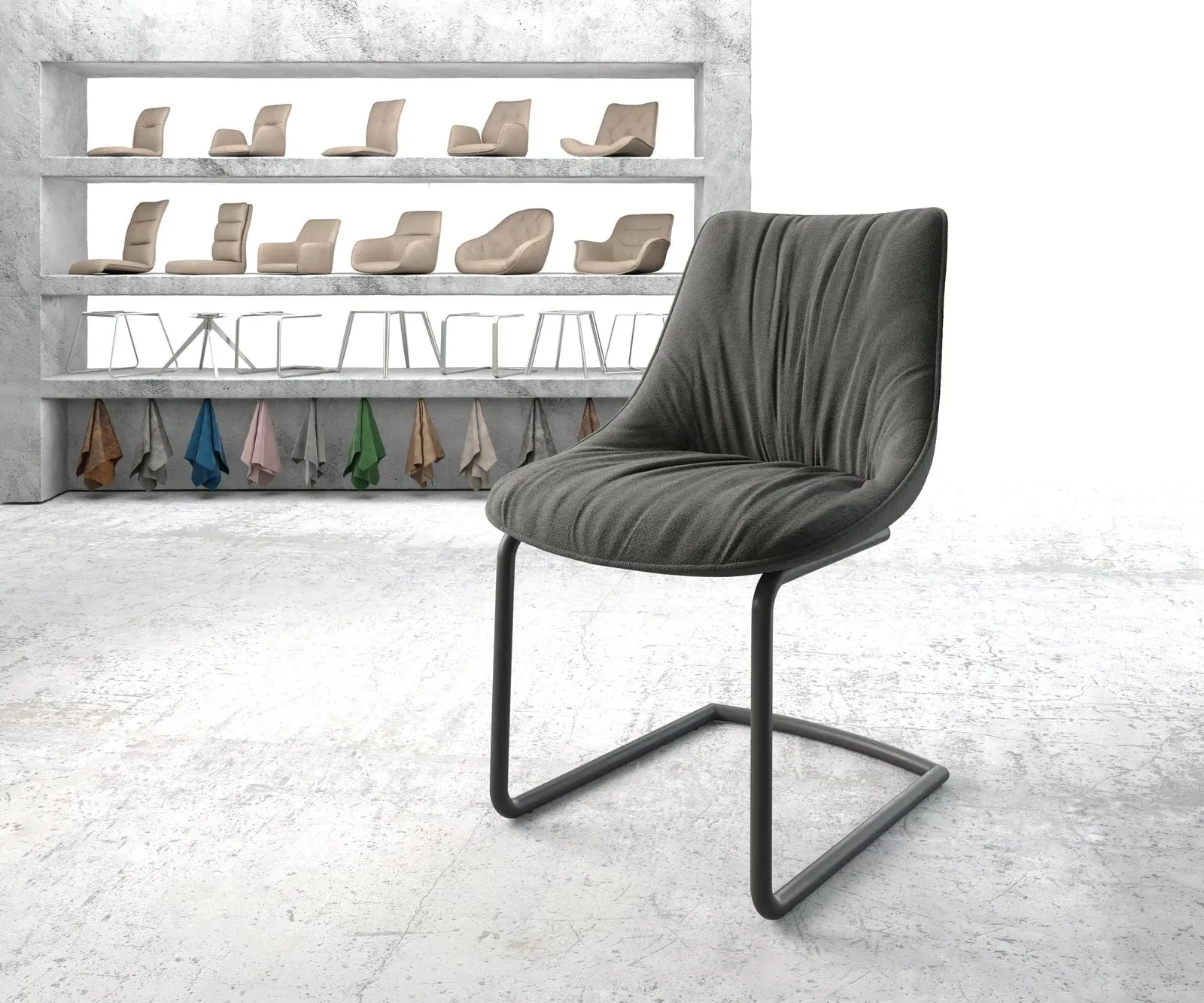 DELIFE Cantilever Elda-Flex tissu texturé anthracite cantilever rond noir, Chaises de salle à manger