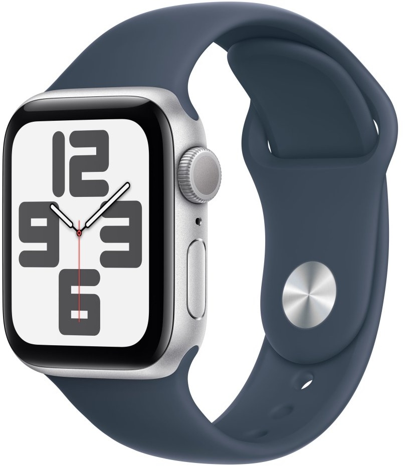 Apple Watch SE (2. Generation, 2023) (GPS, 40 mm) Smartwatch mit Aluminiumgehäuse in Silber und Sportarmband (S/M) in Sturmblau. Fitness- und Schlaftracker, Unfallerkennung, Herzfrequenzmesser