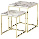Wohnling Beistelltisch 2er Set Weiß Marmor Optik Eckig, Couchtisch 2-teilig Tischgestell Metall Gold, Kleine Wohnzimmertische, Moderne Satztische quadratisch
