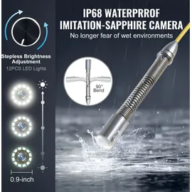 Vevor Kanalkamera mit 512-Hz-Ortung, 30 m, 9-Zoll-Rohrinspektionskamera mit Selbstnivellierung, 36-facher Zoom, Endoskop mit 12 LEDs, 32-GB-Karte, IP68 wasserdichte Schlangenkamera für Kanalrohre