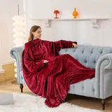 Aisbo TV Decke mit Ärmeln und Füßen - Übergroße Kuscheldecke mit Ärmel und Fußtasche, Decke zum Anziehen Erwachsene Wearable Blanket, Rot Ganzkörper Decke mit Armen als Geschenke für Frauen Männer