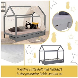 Homestyle4u Kinderbett »Kinderbett mit Matratze 90 x 200 cm Weiß Grau« grau