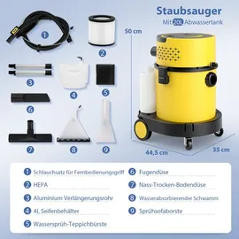 Costway Nass-Trockensauger 1200W 20+4L mit HEPA Filter Gelb/Schwarz