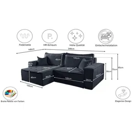 kaiser möbel L-förmiges Bohoo-Ecksofa mit Schlaffunktion Graphit Rechts