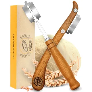 krustenzauber Bäckermesser 2er Set [inkl. 20 Rasierklingen] - Teigmesser Set für gerade und geschwungene Schnitte - Ideale Brotklinge, Bäckerklinge, Teigritzmesser Lame, Brot Backen Zubehör