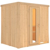 Woodfeeling Karibu Sauna Fanja - 68 mm Systemsauna - 230 Volt Plug & Play-Ohne Ofen-Ohne Dachkranz- Energiesparende Saunatür inkl. 8-teiligem gratis Zubehörpaket (Gesamtwert 191,92€)