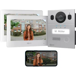 GOLIATH Basic Video Türsprechanlage, 2 Draht Bus, 2X 7 Monitor, Unterputz Türklingel mit Kamera, Gegensprechanlage mit Türöffner und Klingel, 1 Familienhaus, Plug & Play, Smartphone App, AV-BLS-06U