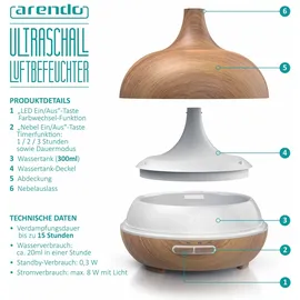 Arendo Diffuser, Luftbefeuchter, Vernebler in Holz Optik, Diffusor mit 7 Farben LED, Timer Funktion, 300ml, Hellbraun