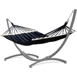 Potenza Outdoor Hängematte mit Gestell für 2 Personen I Stabhängematte XXL 220x160, 200kg I Hängemattengestell 220kg Wetterfest (Schwarz, Gestell Grau)
