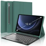 WAVATA Tastatur für Samsung Galaxy Tab S10+ 2024/S9 FE+/S9 Plus 12.4" mit Beleuchtung, Hülle mit Tastatur für Samsung Tab S10 Plus Magnetische Abnehmbar Deutsches QWERTZ Layout, Dunkelgrün