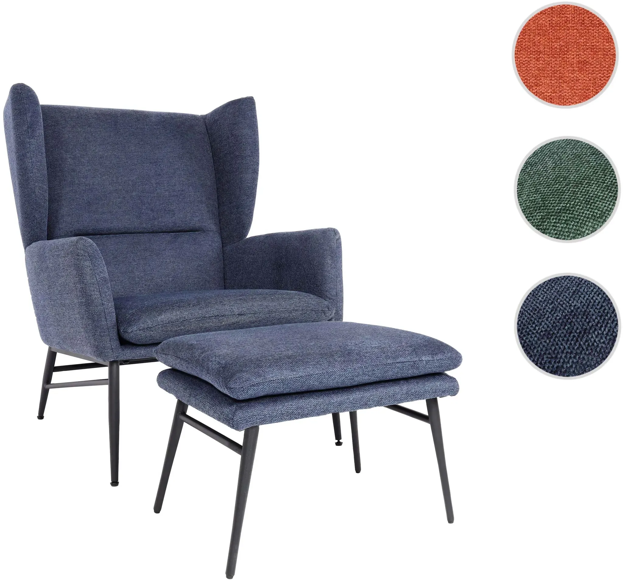 Lounge-Sessel mit Ottomane HWC-L62, Sessel Polstersessel Cocktailsessel Hocker, Stoff/Textil ~ blau