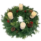 Gartenpirat Künstlicher Adventskranz 60 cm mit 4 LED-Kerzen Flacker-Effekt geschmückt mit Tannenzapfen und roten Beeren