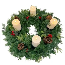 Gartenpirat Künstlicher Adventskranz 60 cm mit 4 LED-Kerzen Flacker-Effekt geschmückt mit Tannenzapfen und roten Beeren