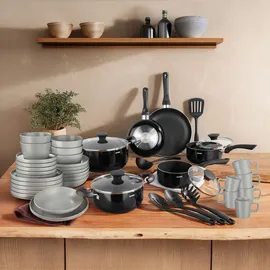 Tectake tectake® Küchenstarterset, Geschirrset aus Steingut, mit Glasur, hitzebeständig und kratzfest, inklusive 5 Küchenwerkzeugen