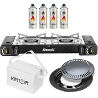 Mianova Campingkocher Doppel Gaskocher 2 flammiger Anzünder Grill Grillanzünder Kühltasche Gaskartuschen Gas Kocher Set Schwarz Grillplatte 4 Gasflaschen