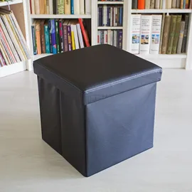 Relaxdays Faltbarer Sitzhocker Sitzcube mit Stauraum u. Deckel, Fußablage, Sitzwürfel aus Kunstleder, schwarz