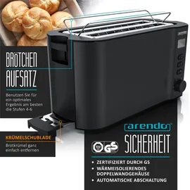 Arendo Toaster 4 Scheiben, Langschlitztoaster, Langschlitz, Edelstahl, 1500W, Display mit Restzeitanzeige, Brötchenaufsatz, Defrost Funktion, Wärmeisolierendes Gehäuse, Schwarz
