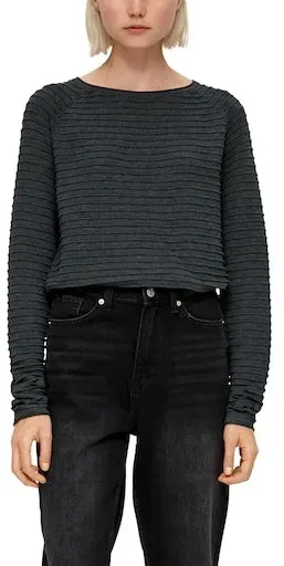 Strickpullover QS, Damen, Gr. L (40), schwarz, Strick, Obermaterial: 65% Polyester, 35% Viskose, Strukturmuster, unifarben, regular fit hüftlang, Rundhals, Rollkante, Pullover Strickpullover, mit Strukturmuster