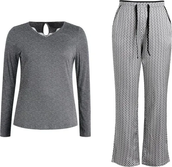 IZURIA Set aus langärmeligem V-Ausschnitt-Top (grau) und Hose mit Print, Größe XL