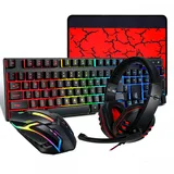 Ouitble Gaming Tastatur Maus Headset Set mit Mousepad 4 in 1 RGB Gaming Combo Set für PC/PS4/Xbox-Gamer, RGB Beleuchtete Tastatur, 4 Farben LED Gaming Maus, 3,5-mm-Gaming-Kopfhörer
