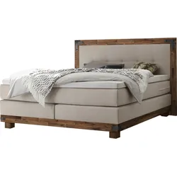 Boxspringbett HASENA "Chicago", beige (beige, akazie braun), B:178cm L:206cm, Komplettbetten, Boxspringbett, im Vintagelook mit Punktsteppung im Kopfteil, Massivholz-Umrandung