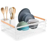 Generisch Premium Abtropfgestell für Geschirr mit Besteckhalter - 42x32.5x14 cm Edelstahl Geschirrkorb mit Abnehmbarer Kunststoff-Abtropfschale - Rostfrei & Platzsparend für Küchenspüle (Weiß)