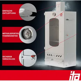Ita Räucherofen 7012 - Premium Räucherschrank mit 3 Etagen - Legierter Stahl, mit Sichtfenster & Kaminabzug - Silber