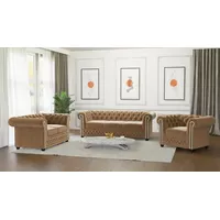 s-style möbel - Nox - Chesterfield Polstergarnitur 3+2+1 aus Beige Samt-Stoff mit Holzfüßen, B/T/H: 3er - 203 cm/ 86 cm / 72 cm - Beige