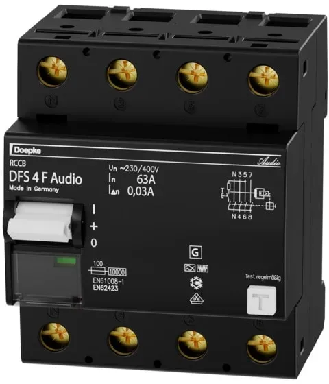 Doepke 09144846 FI-Schutzschalter DFS 4 063-4/0,03-F Audio, vierpolig, 63 A, 30mA, Typ F, für audiophile Anwendungen, N links