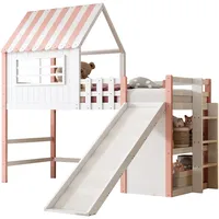 Hochbett Massivholz Rosa 90x200 Cm Mit Rutsche, Leiter, Dachdesign Und Stauraum