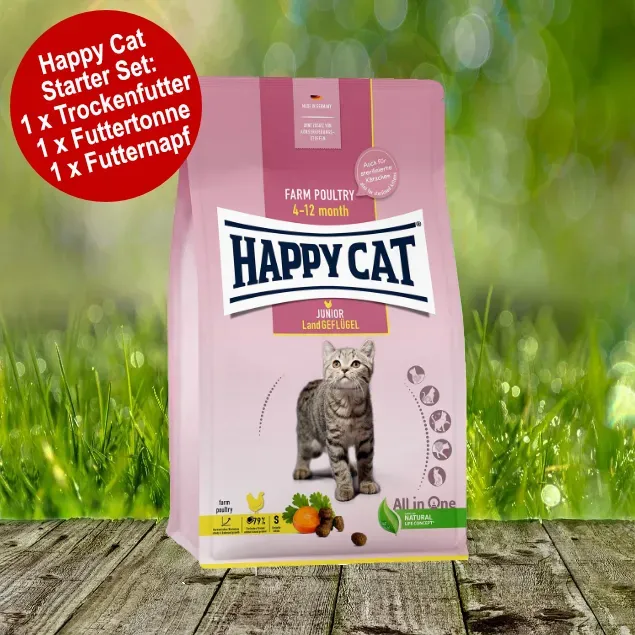 Happy Cat Young Junior Land-Geflügel Starter-Set inkl. Futtertonne und Futternapf
